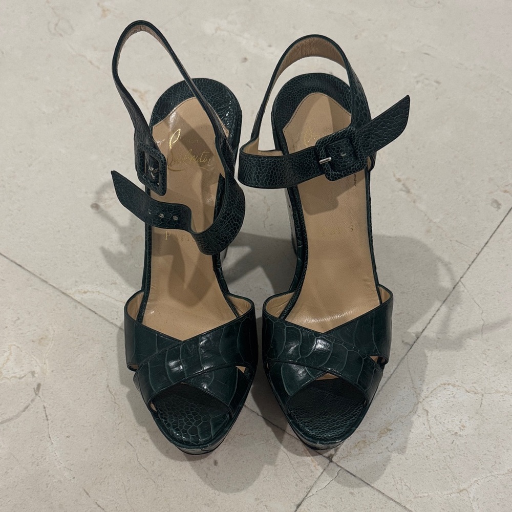 Christian Louboutin Dark Green Croc-Embossed Wedges